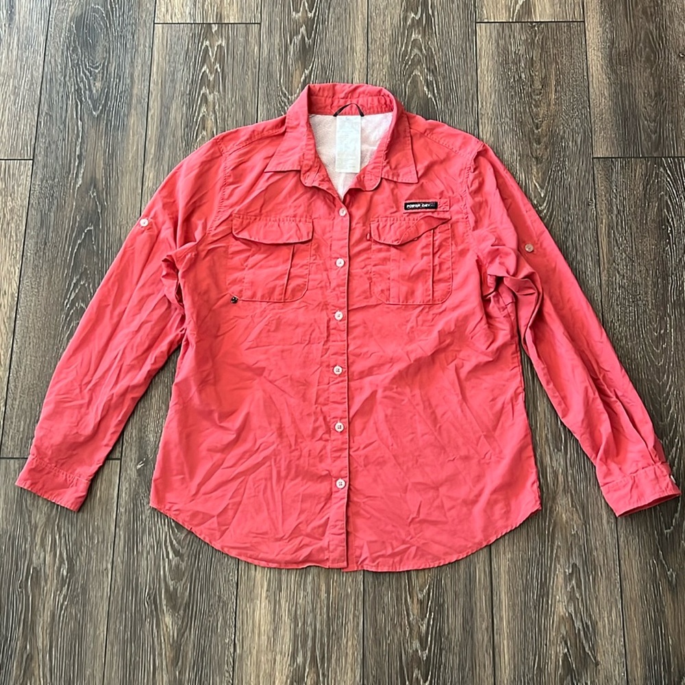 Little Donkey Andy Power Dry Womens Large Button Down Peach Long Sleeve Shirt